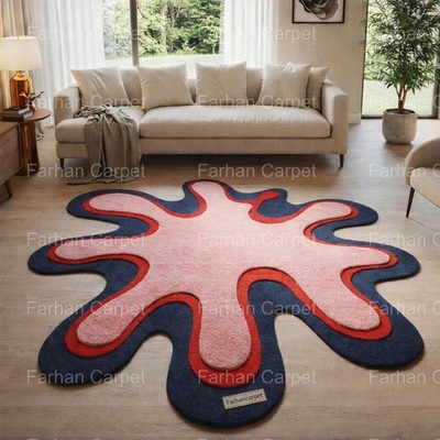 Hand Tufted Abstract Area Rug 5x8 Ft Pink Navy Blue Modern Living Room Carpet