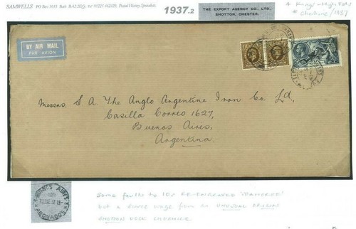 GB 10s SEAHORSE Cover DOCK SHOTTON Ches KGV High Value ARGENTINA AIR MAIL 1937.2 - Picture 5 of 5