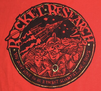 VTG Made In USA XL Oneita Power-T Rocket Research Red T-Shirt Gold-Color Accent