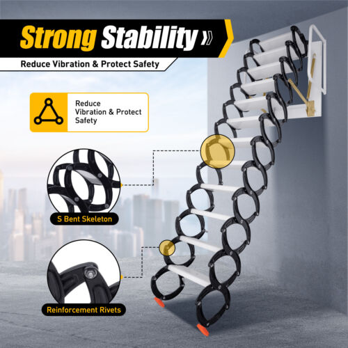 Black 12 Step Wall Mounted Folding Loft Ladder Stairs for Decorative House