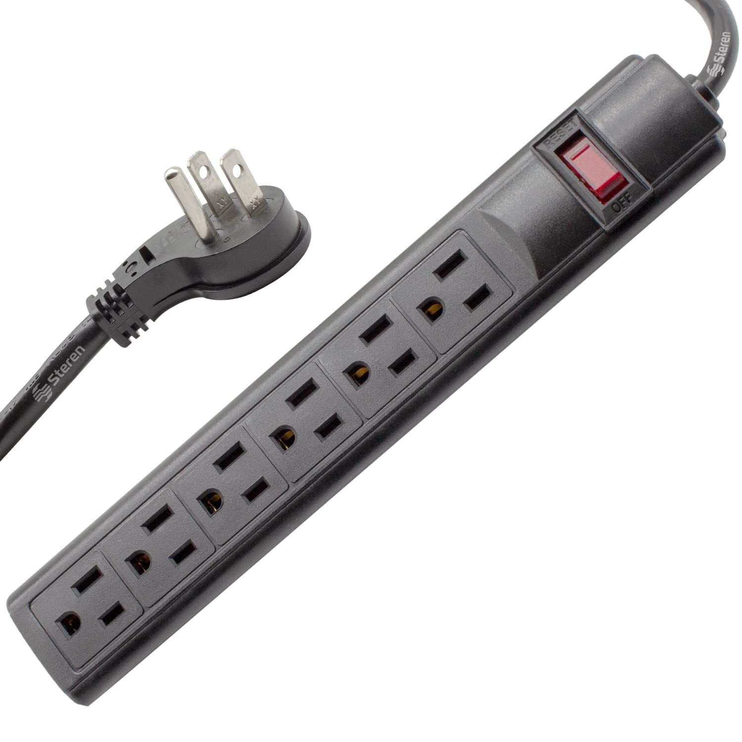 6-Outlet, Plastic Surge Protector Strip, 3ft Cord, Right Angle Plug, 240 Joul...