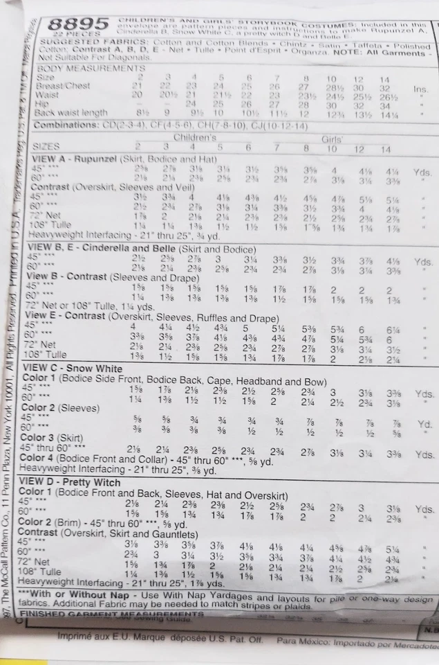 McCall's Costumes 8895 Belle Rapunzel Cinderella Snow White 10 12 14 Uncut 1997 - Image 3 of 4