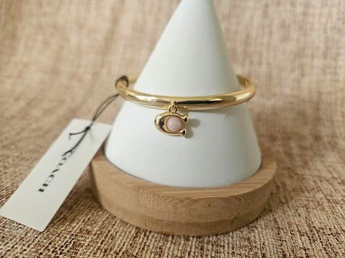 NWT Coach "C" Charm Gold Rose Quartz Hinge Bangle Bracelet