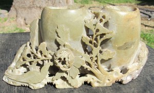 Intricately Hand Carved Chinese Soapstone Double Vase Pot Antique Deep Relief