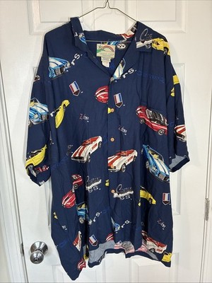 VINTAGE Paradise Found Shirt Mens 4XL Blue Camaro Aloha Hawaiian Rayon USA 90s