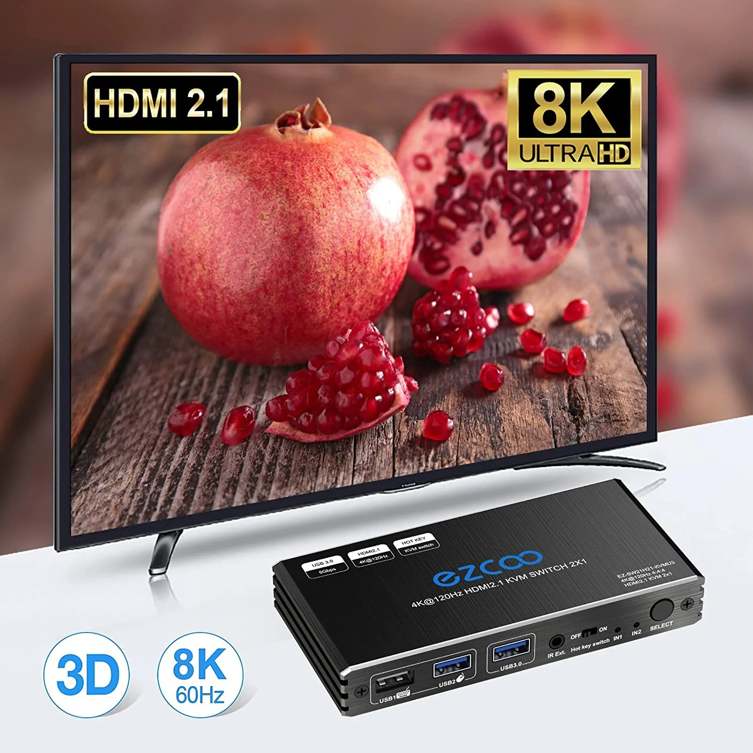 Switch KVM HDMI 8K pour 2 Ordinateurs avec Télécommande Filaire