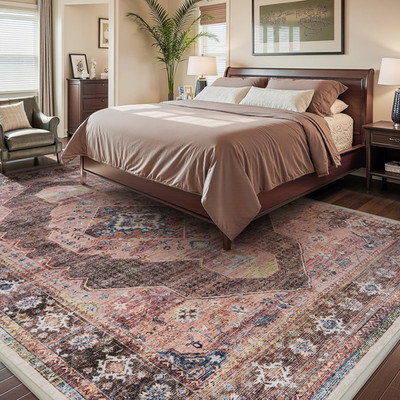 Pink Brown 5x7 Washable Area Rug - Soft Non-Slip Carpet for Bedroom & Nursery
