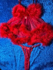 Vintage Fredericks Of Hollywood Red Marabou Feather Babydoll Panty Mesh Thong
