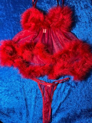 Vintage Fredericks Of Hollywood Red Marabou Feather Babydoll Panty Mesh Thong
