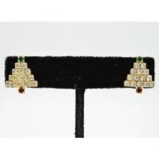 Vintage Christmas Tree Stud Earrings Post Rhinestone Crystal White NOS 1980s 9F