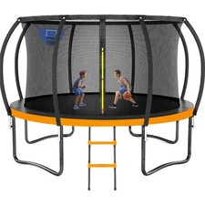 Outdoor Round Trampoline 12ft with Enclosure Net Ladder Basketball Kids Adults