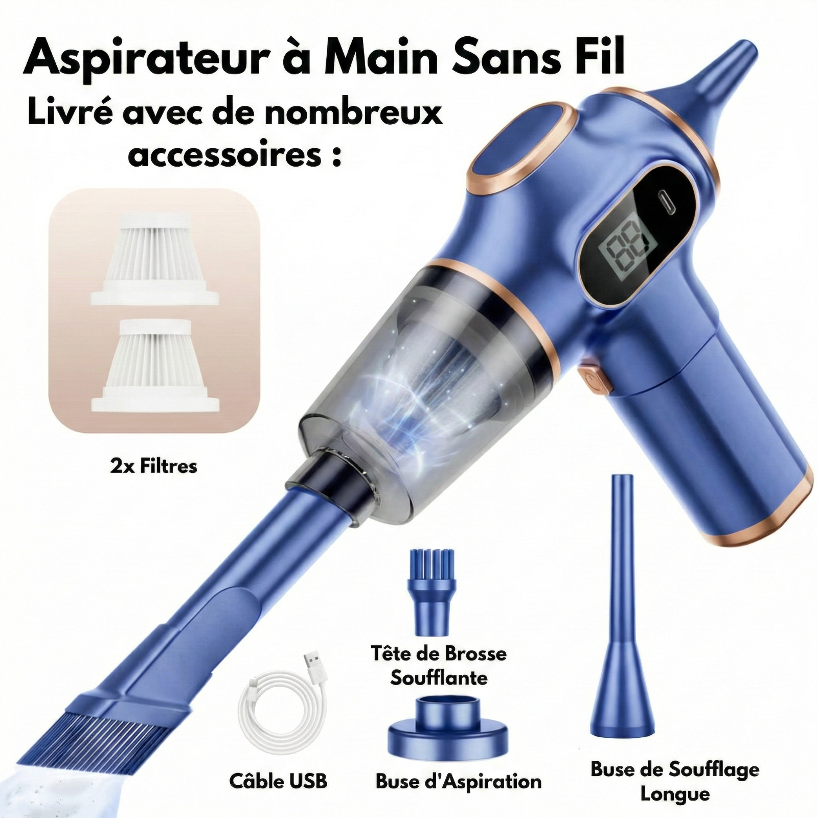 Mini aspirateur sans fil puissant noir pour nettoyage de voiture