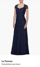 NWT LA FEMME Embellished Mesh A-Line Gown in Navy Size 14 Retail 619