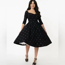 UNIQUE VINTAGE Black Purple Polka Dot Fit & Flare Swing Midi Dress Size M / 6-8
