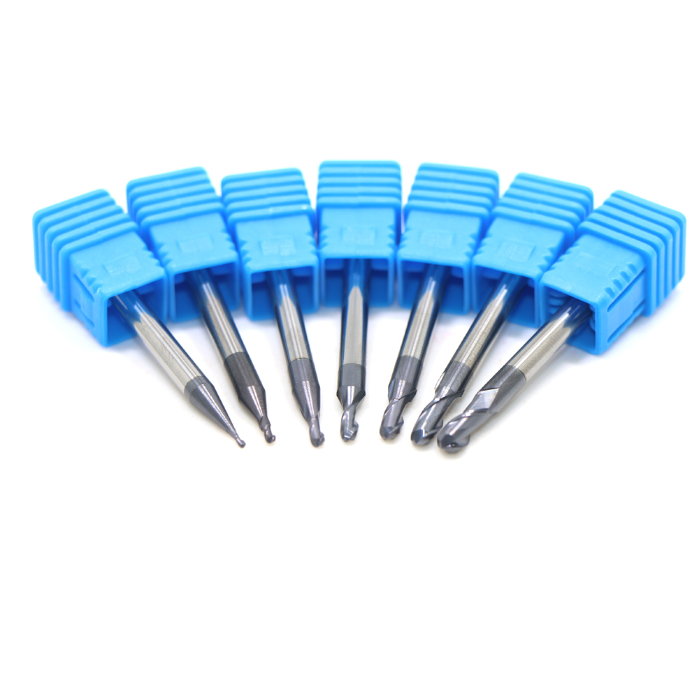 7-Piece Tungsten Carbide Ball Nose End Mill Set - 2 Flute, 0.5mm To 2.0mm Radius, 4mm Shank