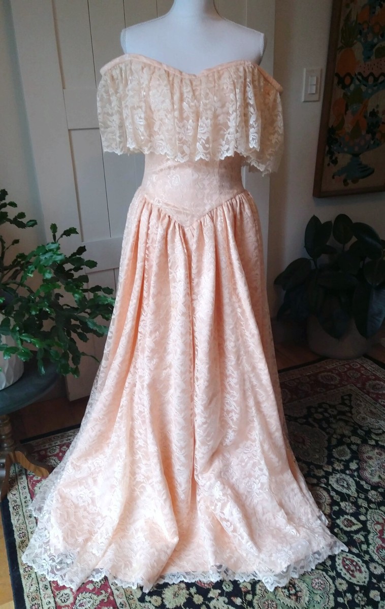VTG 80s Peach Orange Cream Lace Overlay Dress XS Off Shoulder Formal  Fairytale