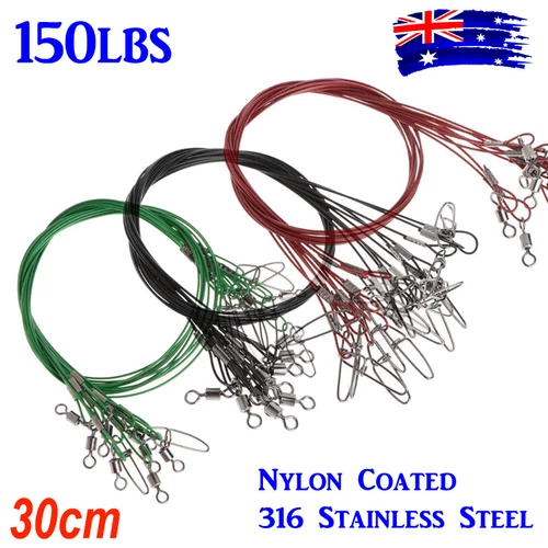 BULK WIRE TRACE LEADER 316 STAINLESS STEEL 68kg 30cm 50cm NYLON COATED SWIVEL