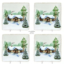 St. Nicholas Square WINTER WHITE 10.5" Dinner Plate Set 4Pc Log Cabin Pine Trees
