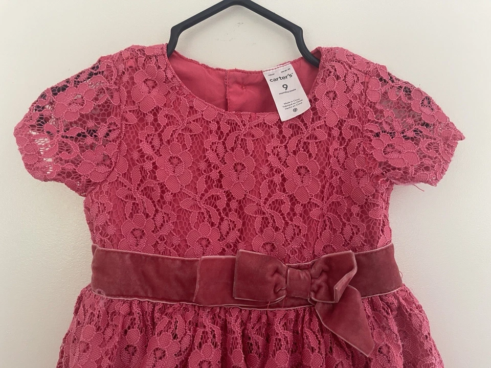 Vestido Carter's Bebé Niñas Sólido Rosa Caliente Floral Encaje Forrado Manga Corta Rosa 9 M Foto 3 de 4