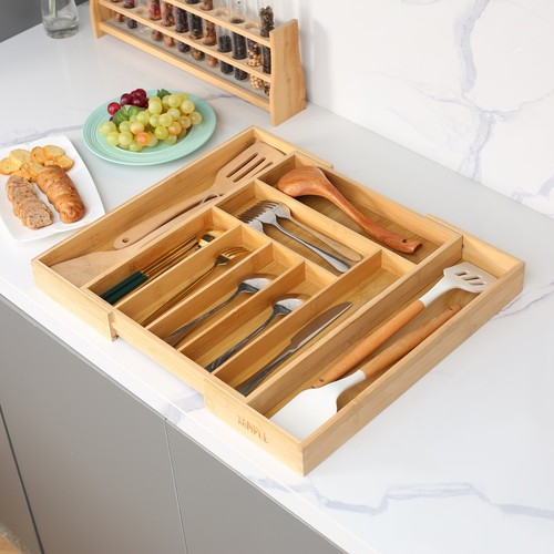 Extendable Bamboo Cutlery Tray Kitchen Drawer Organiser 9 Storage Compartments - Picture 2 of 6
