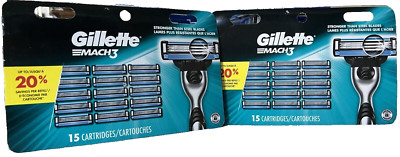 Gillette Mach3 Razor Blade Refills 15 Cartridges 2 Pack FACTORY SEALED PACK