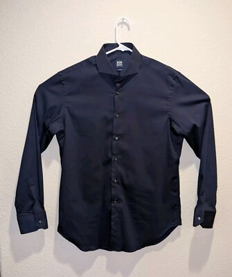 Boggi Milano Albini Fabrics Dress Shirt Mens Navy LS Slim Fit Button Up 16.5 EUC