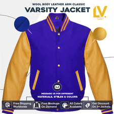 Varsity Letterman Jacket For Men Women  Kids Royal Blue Wool Body Gold Sleeves