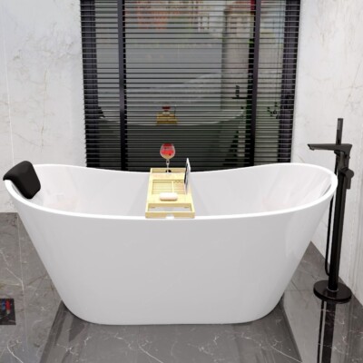 Freistehende Badewanne Wanne Bad 170x80 Badkissen + Bambus Ablage + Ablauf
