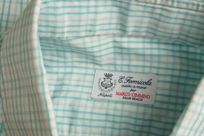 E. Formicola Napoli Teal White Plaid Spread Collar Dress Shirt Sz 