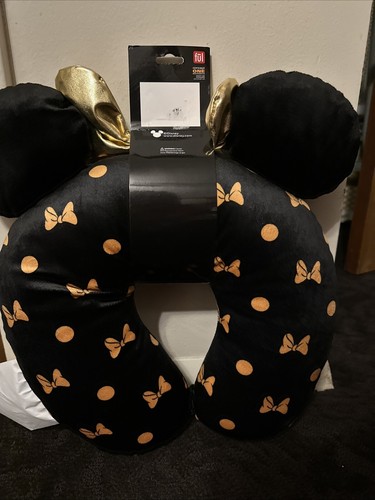 Disney Minnie Mouse Travel Pillow Black W Gold Bow And Ears - Picture 3 of 7