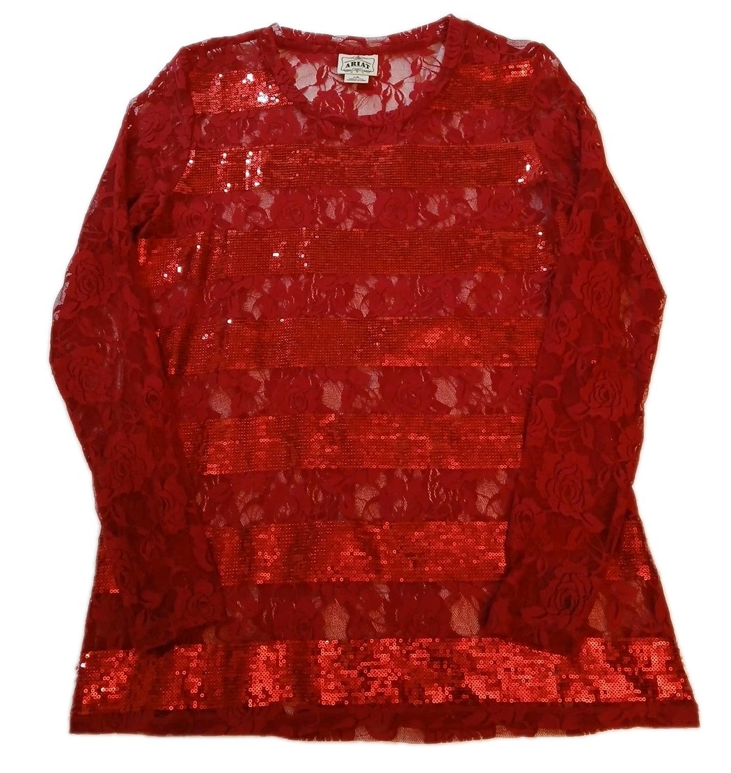 Ariat Women's Blouse Top Sheer Striped Lace Sequin Red Long Sleeves Sz Large