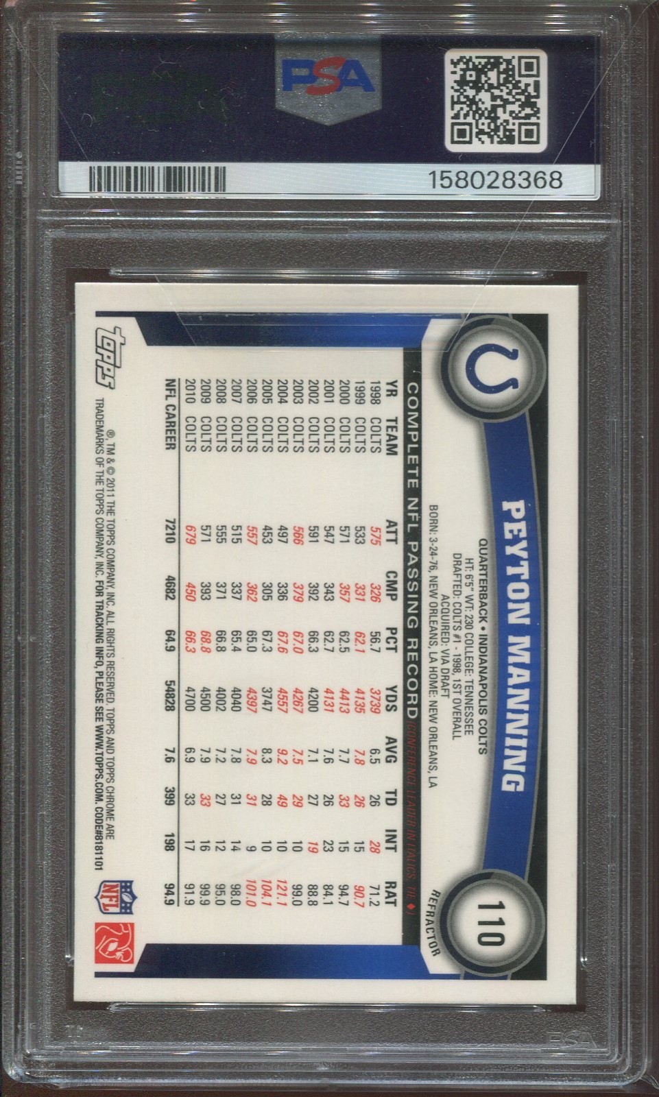 2011 TOPPS CHROME XFRACTOR #110 PEYTON MANNING ROOKIE RC PSA 10 view 2