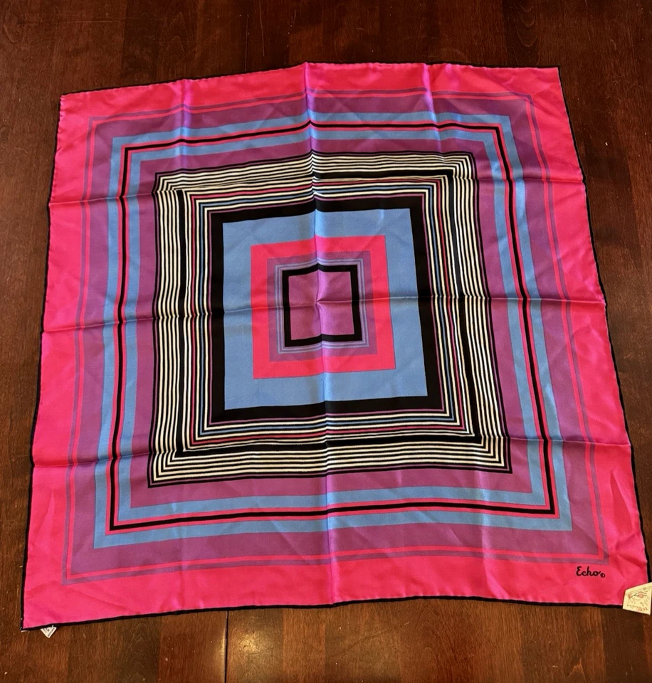 Vintage 1960's ECHO Originations 26" Square SCARF RETRO HOT PINK Orig. Label NOS - Image 2 of 4