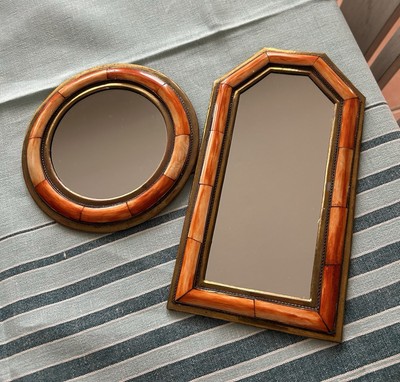 Two Small Vintage Moroccan Dyed Camel Bone & Brass Mirrors