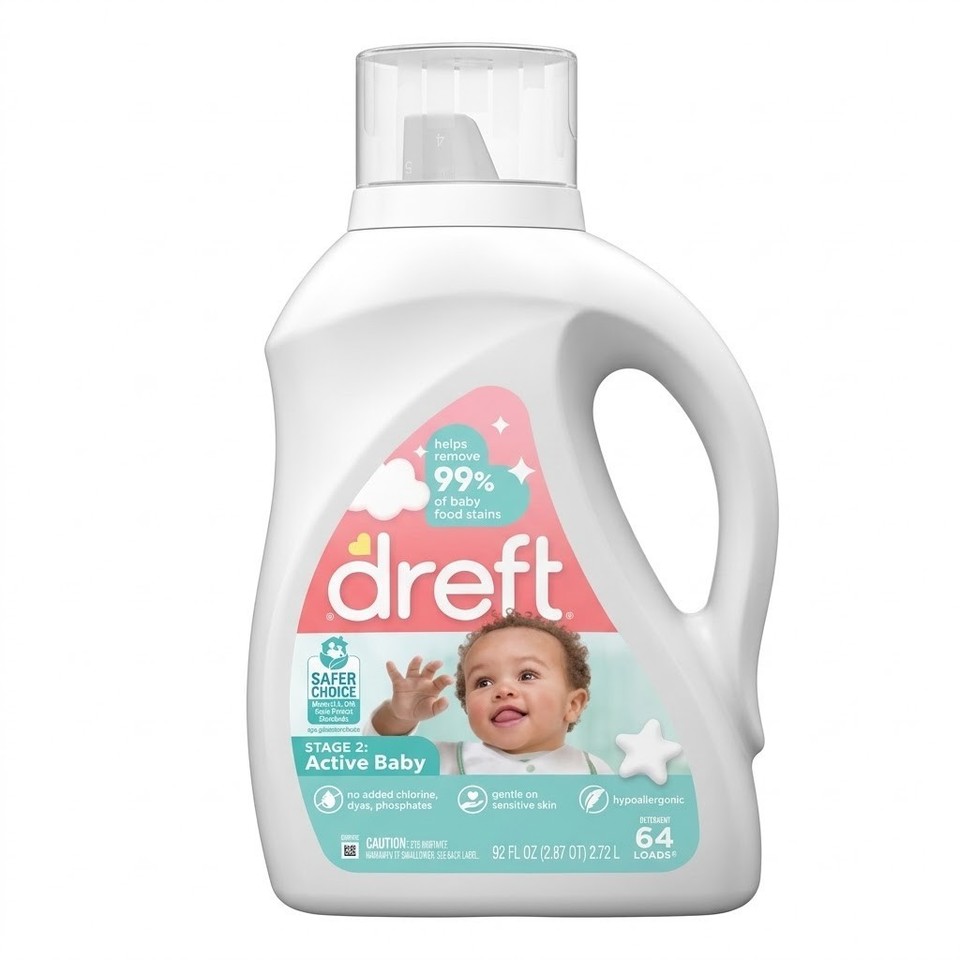 Dreft Stage 2 Active Baby Liquid Laundry Detergent 92oz 64 Loads Hypoallergenic