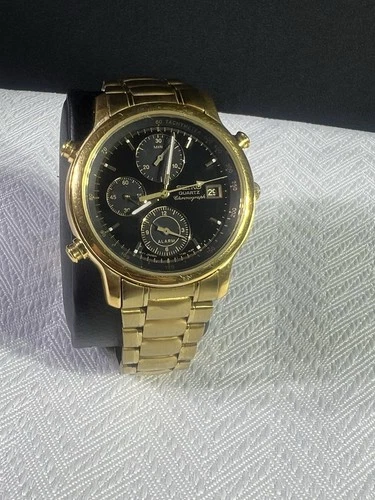 Seiko Quartz Chronograph Gold Black Dial 38mm 7T32-7B80 Vintage Watch Metal Band