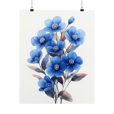 Boho Blue Forget Me Nots Flower Art Print Poster, Minimalist Floral Wall Art 2