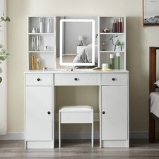 Image of 3 Drawers Makeup Desk Dressing Table w/ LED Lighted Mirror and 2 Cabinets