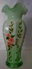 Fenton Opaline Green Cased 8" Vase Ruffle Hand Painted Roses