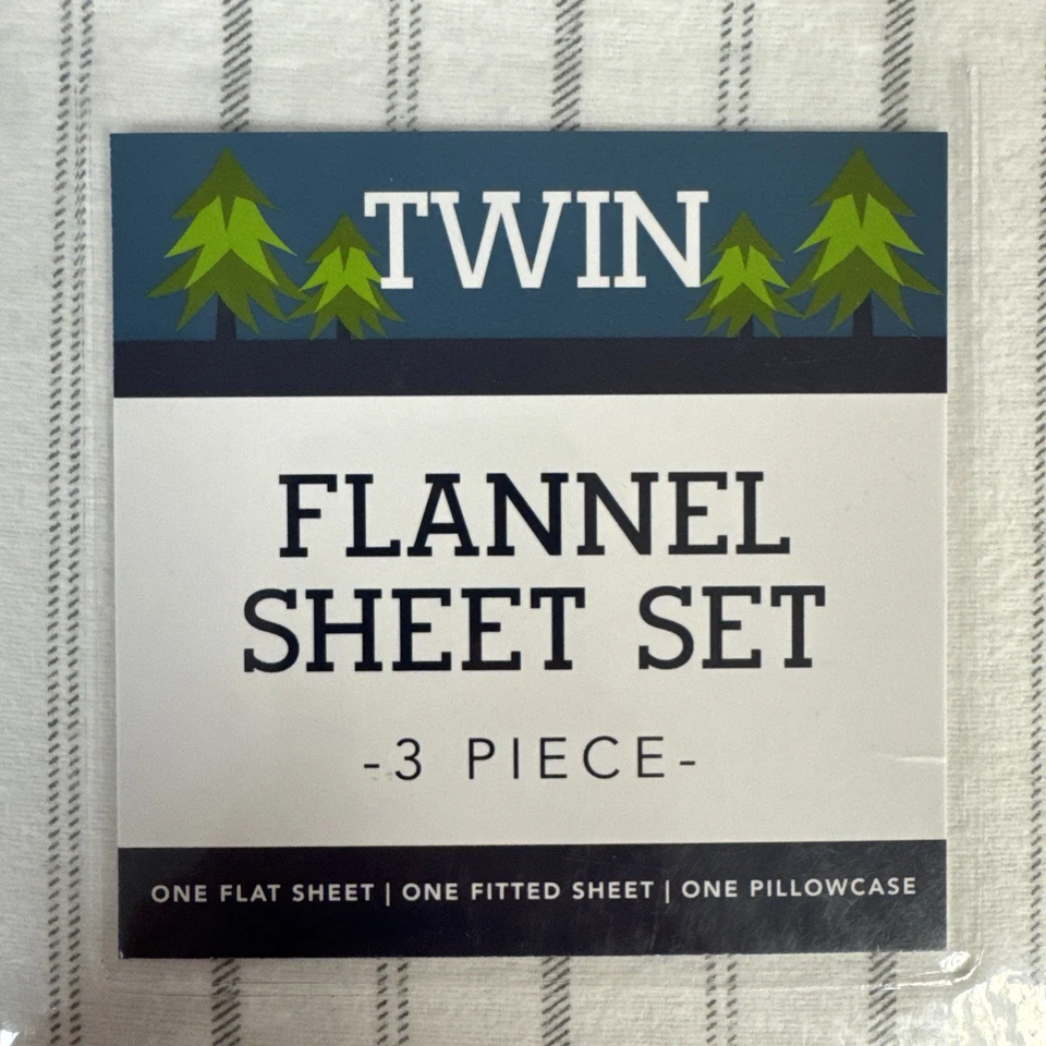 Twin Flannel Sheet Set 3 Piece White, Gray Striped New - Image 2 of 4