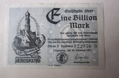1 Trillion 1,000,000,000,000 Marks 1923 German Hyperinflation Augsburg