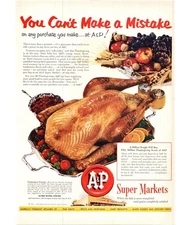 1951 A&P Super Markets Grocery Store Vintage Print Ad  Christmas Dinner Wall Art
