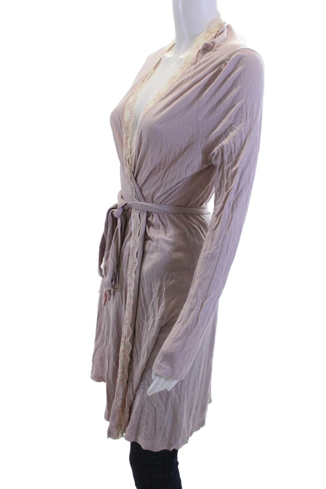 Bata Eberjey para mujer con ribete de encaje cuello en V manga larga atada rosa talla S Foto 2 de 4