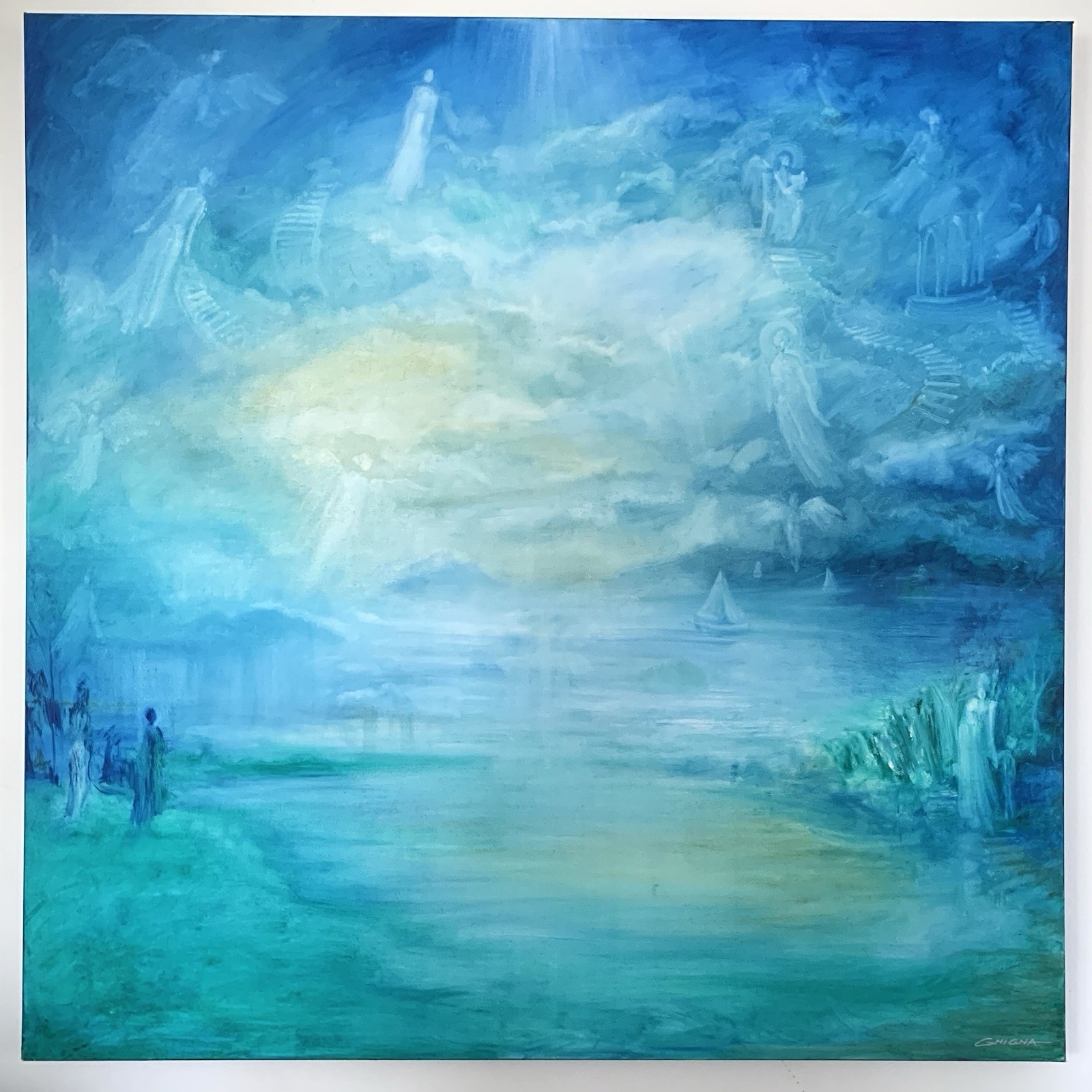 Large Oil Painting Canvas “Higher Realm” 48x48” Spiritual Surreal Angelic Art