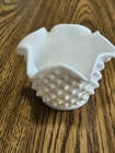 Vintage White Milk Glass Hobnail Vase, Ruffled WAVY Crimped Edges, 3” Tall