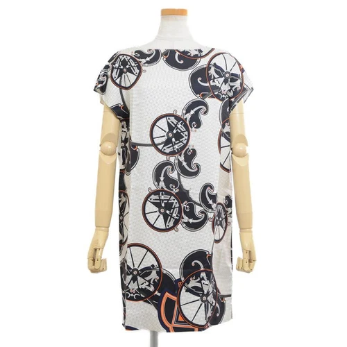 HERMÈS Hermes abito smanicato George Washington carrozza avorio nero taglia 34 autentico