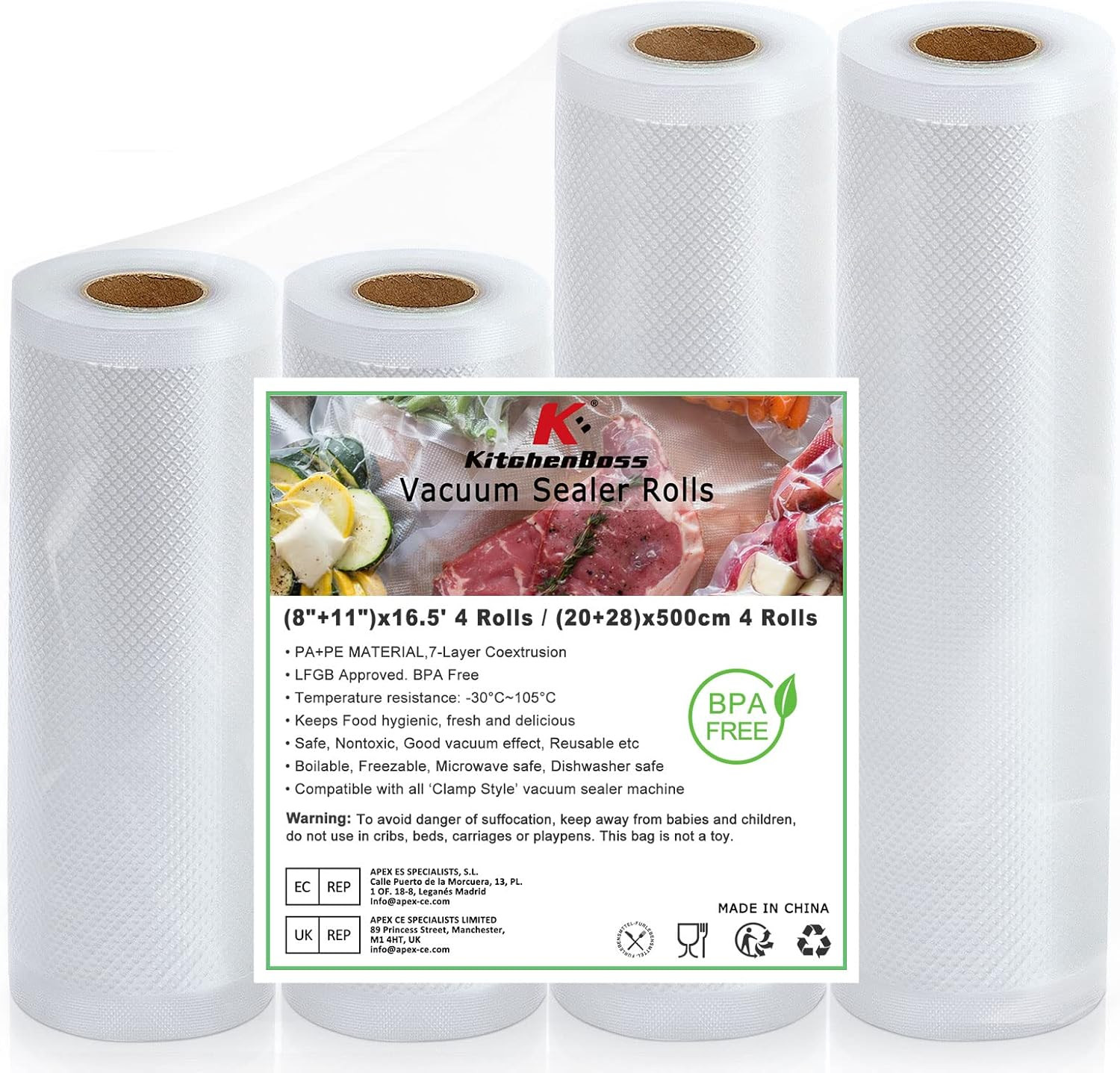 Rotoli Sottovuoto Alimenti Universali 4 Pezzi - Senza BPA e Resistenti