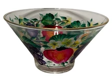 Hand Painted Artist Signed Clear Glass Bowl Fruits & Florals 11” Round