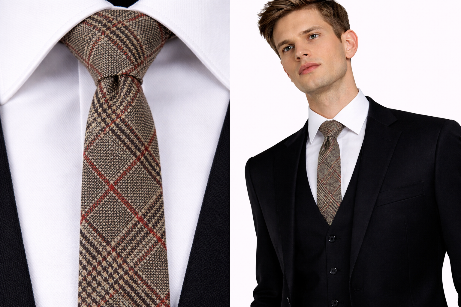 Wool Men's Tartan Tie Prince of Wales Glen Check Slim Plaid Brown Red Stripe UK