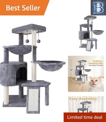 Stylish Grey Cat Tree with Condo and Two Hammocks - Perfect for Active Cats